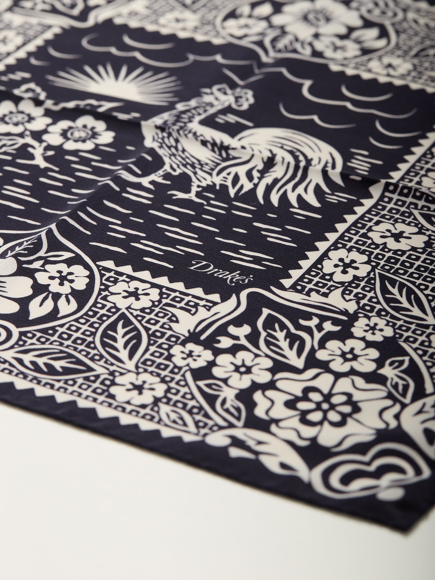 Cockerel Print Silk Pocket Square Navy