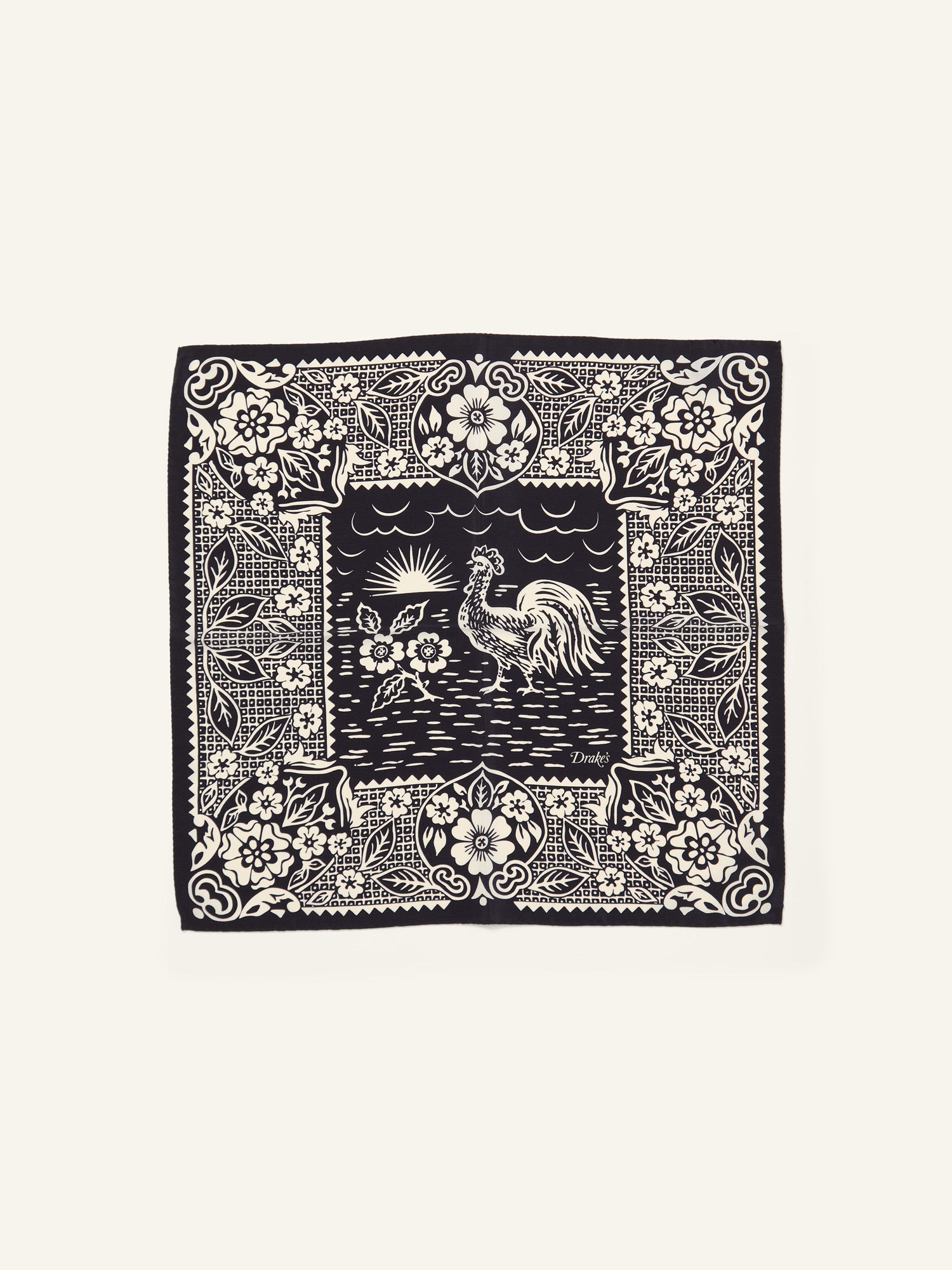 Cockerel Print Silk Pocket Square Navy