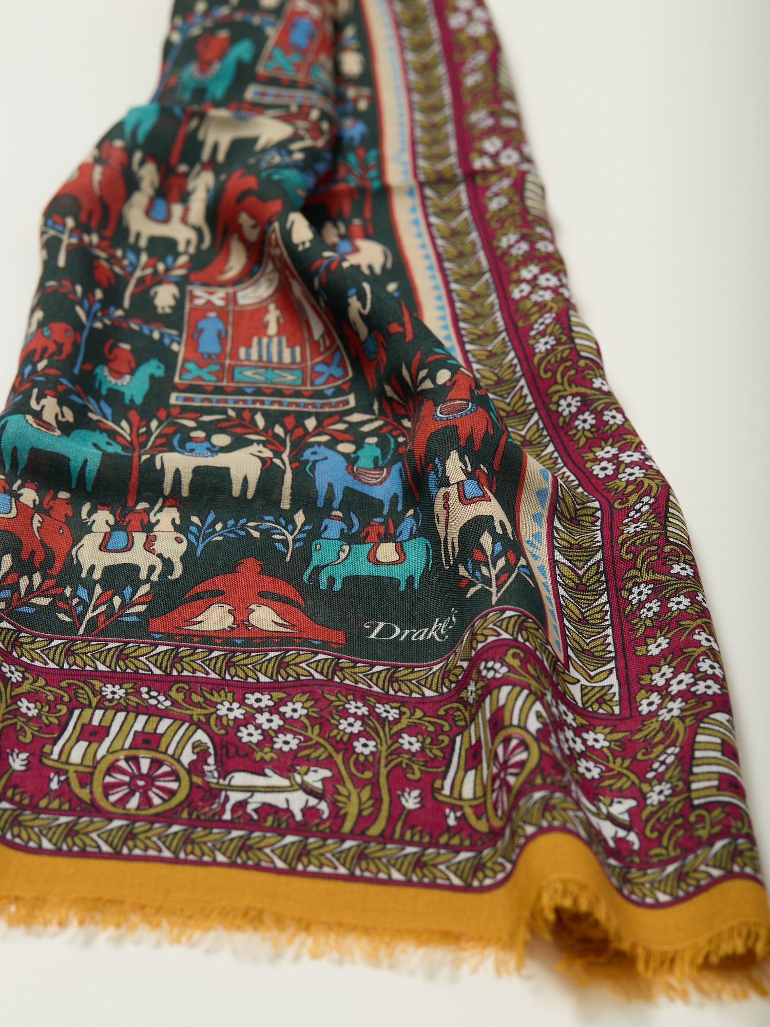 Elephant Village Print Wool/Silk Scarf Green