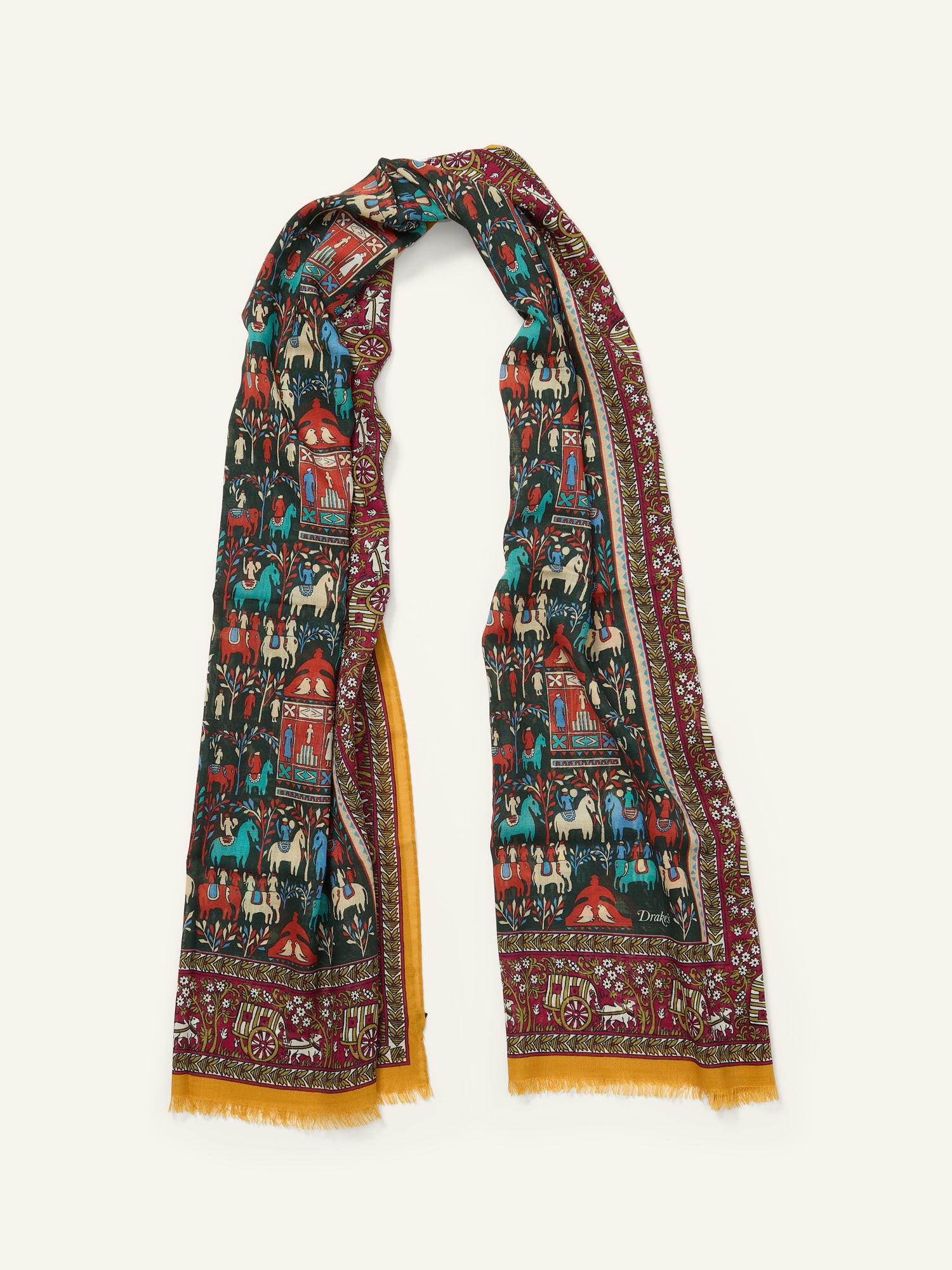 Drake's Elephant Village Print Wool/Silk Scarf Green