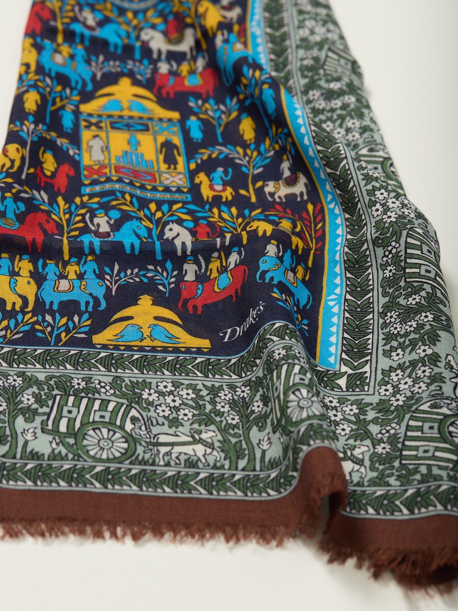 Elephant Village Print Wool/Silk Scarf Navy