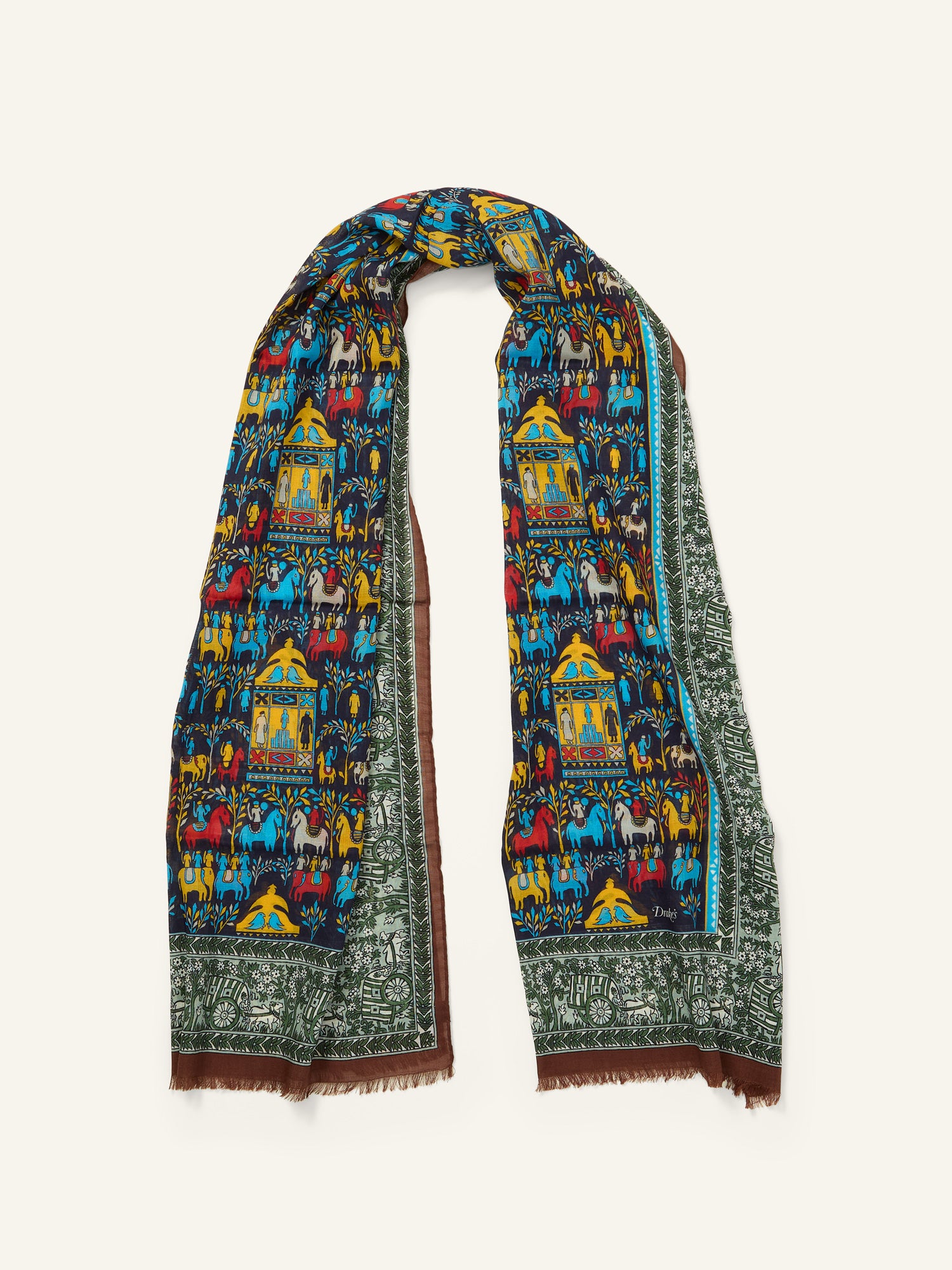 Elephant Village Print Wool/Silk Scarf Navy