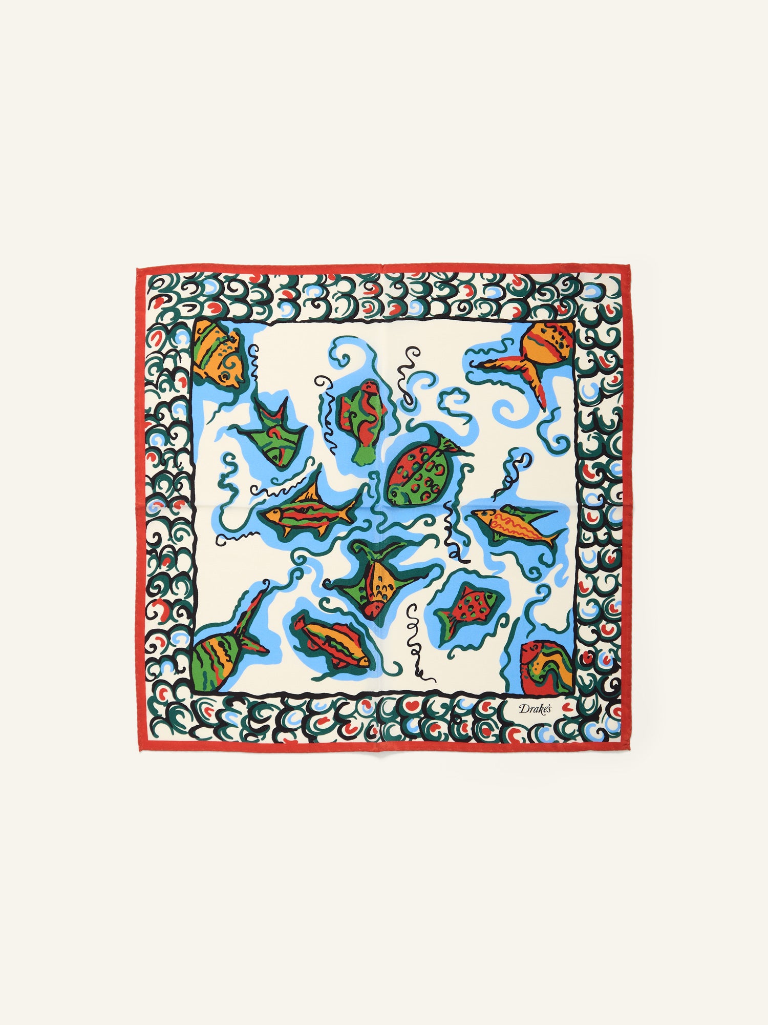 Fish Print Pocket Square Ecru