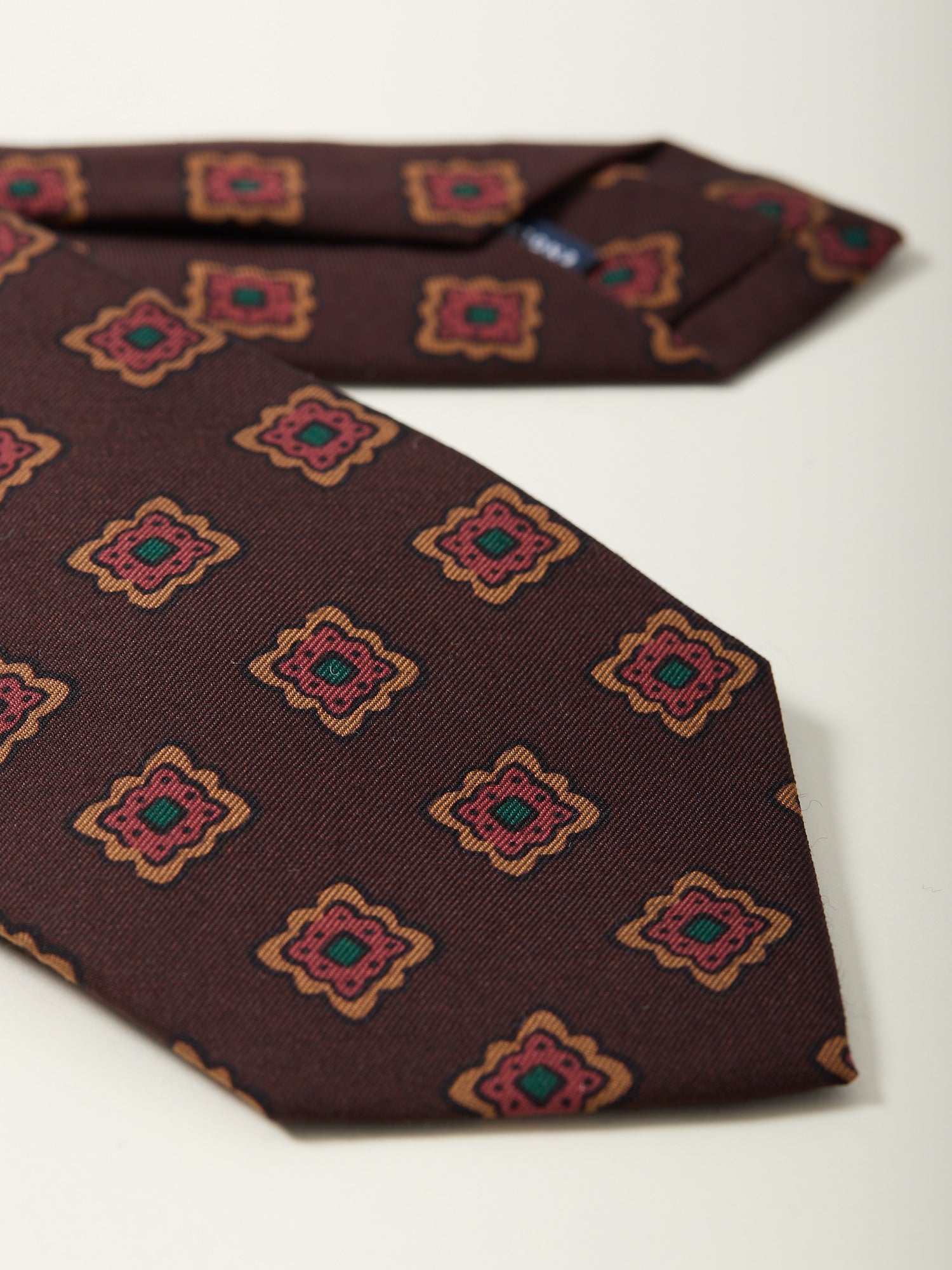 Flower Medallion Print Wool/Silk Tie Brown