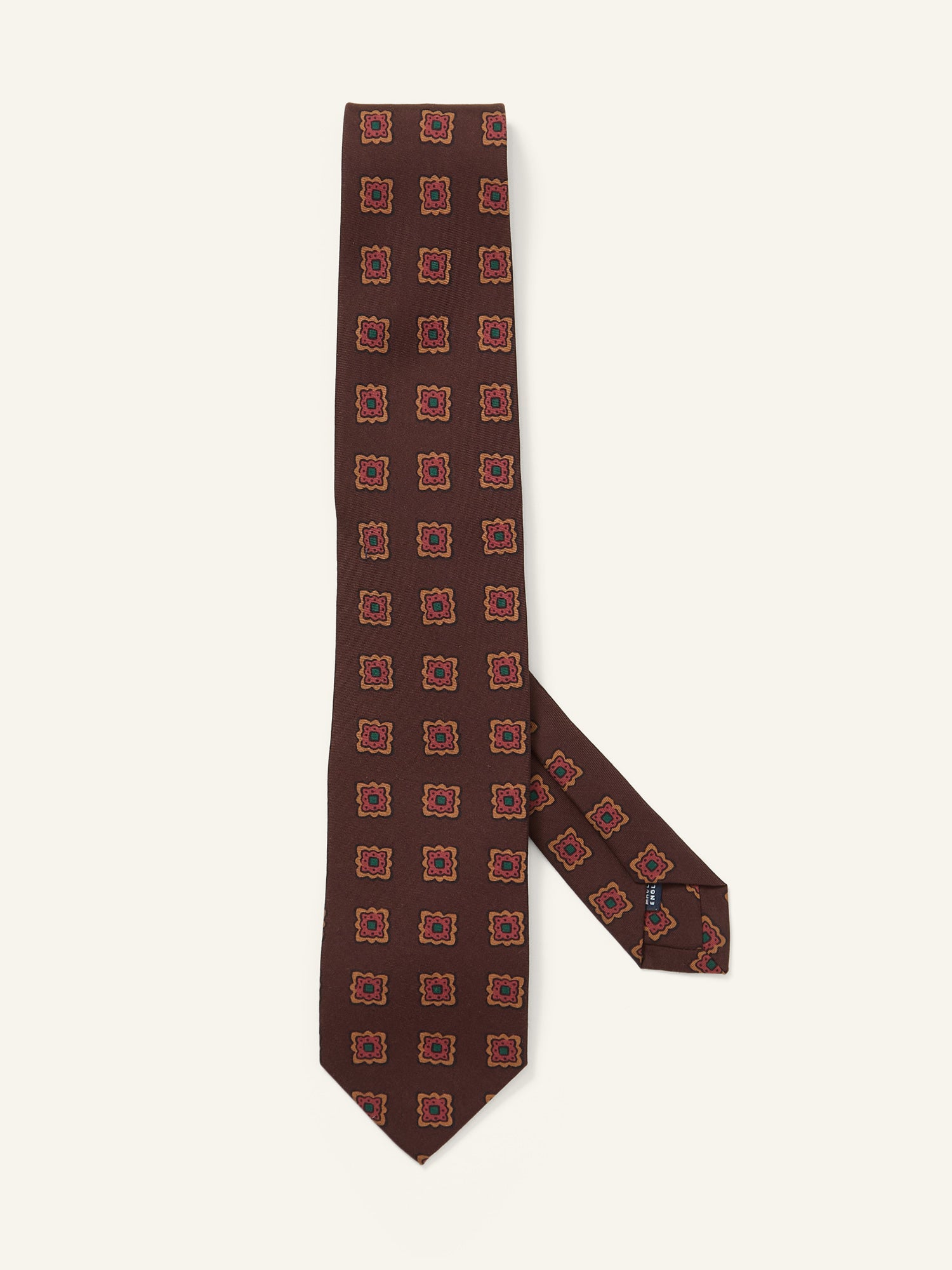 Flower Medallion Print Wool/Silk Tie Brown