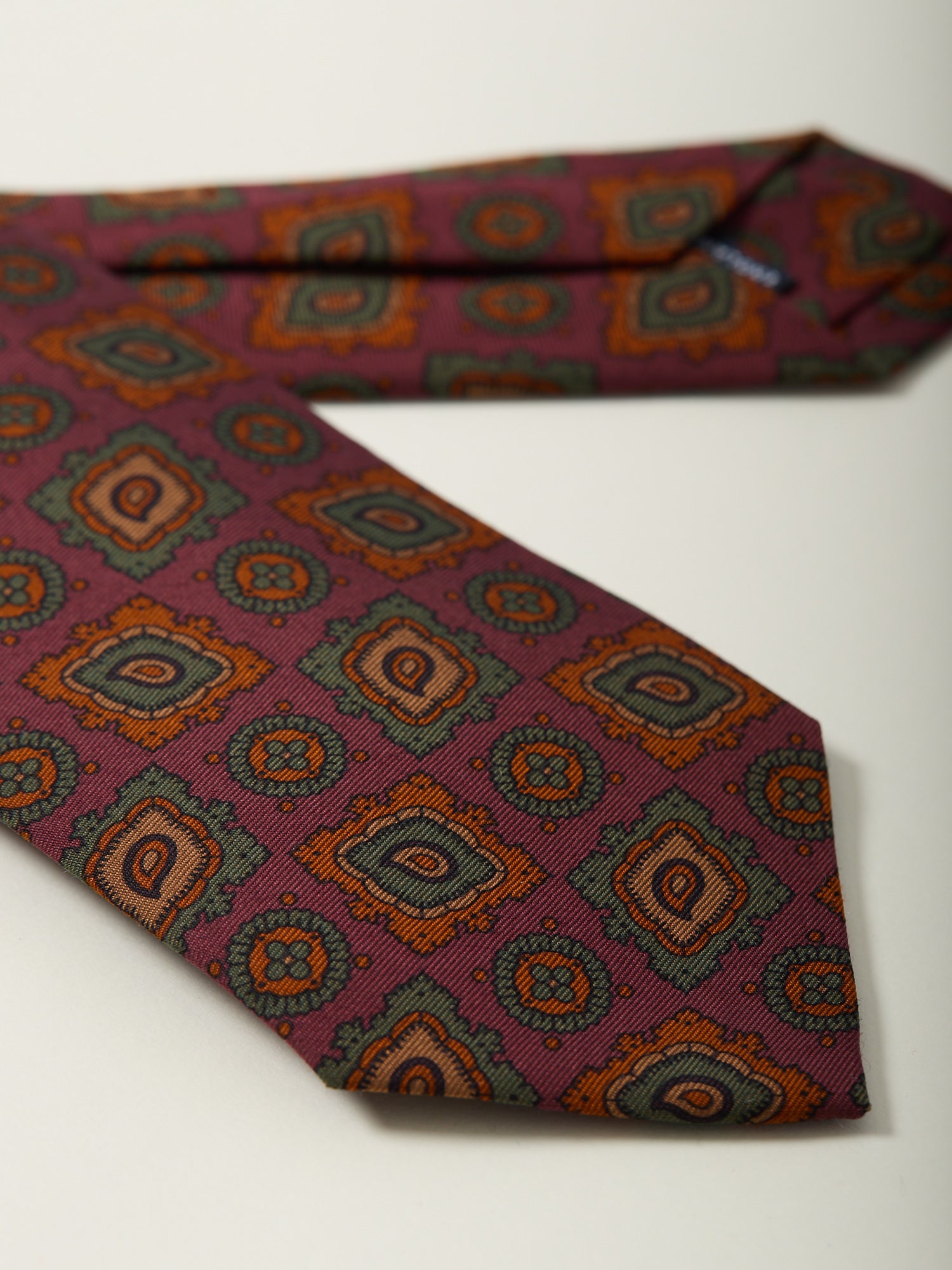 Large Paisley Medallion Print Wool/Silk Tie Orange and Green