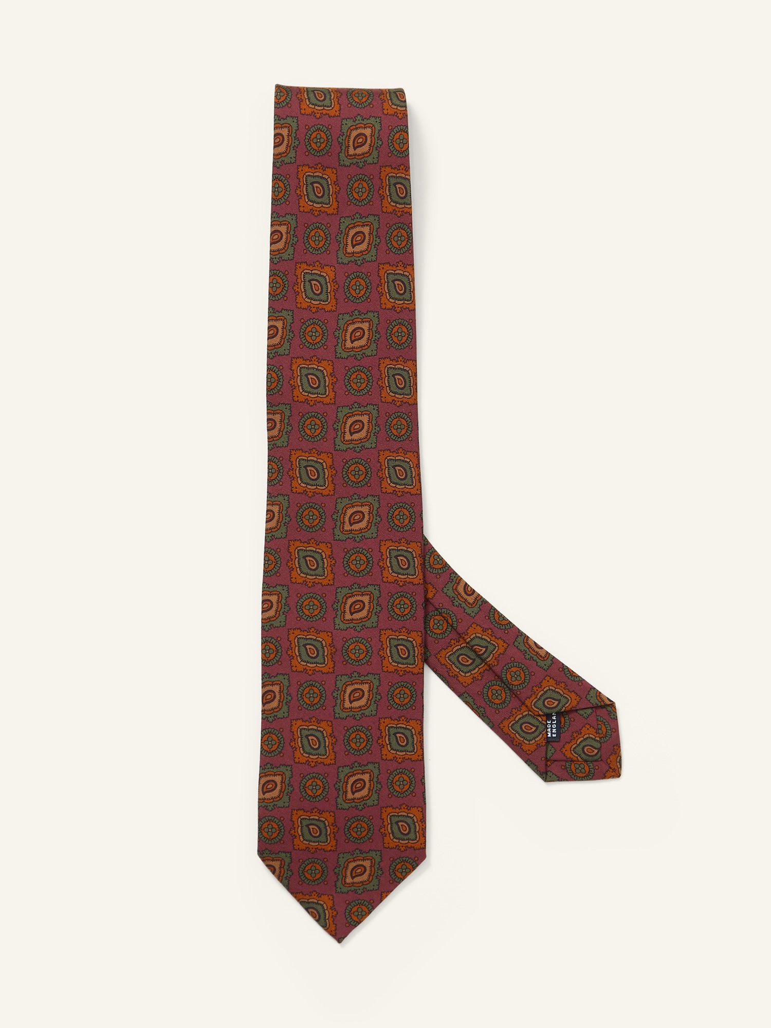 Large Paisley Medallion Print Wool/Silk Tie Orange and Green