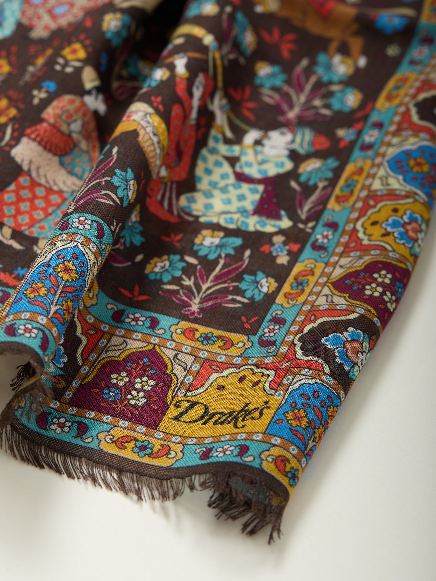 Mogul Garden Print Wool/Silk Scarf Brown