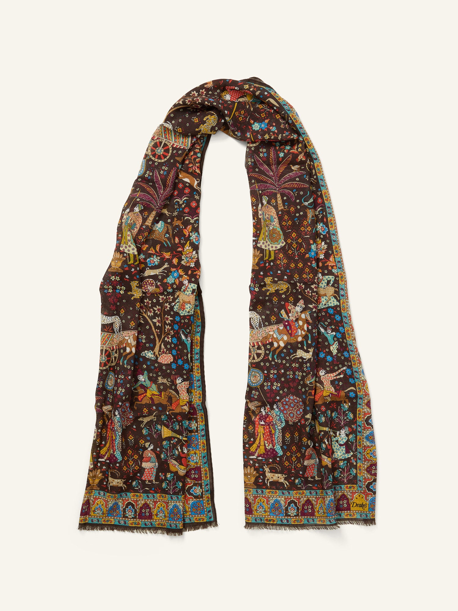 Mogul Garden Print Wool/Silk Scarf Brown