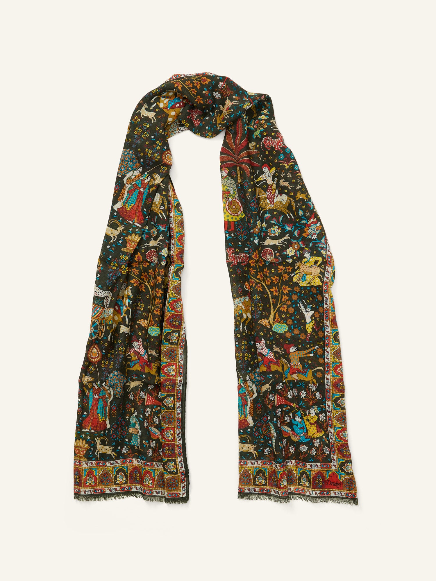 Mogul Garden Print Wool/Silk Scarf Dark Green