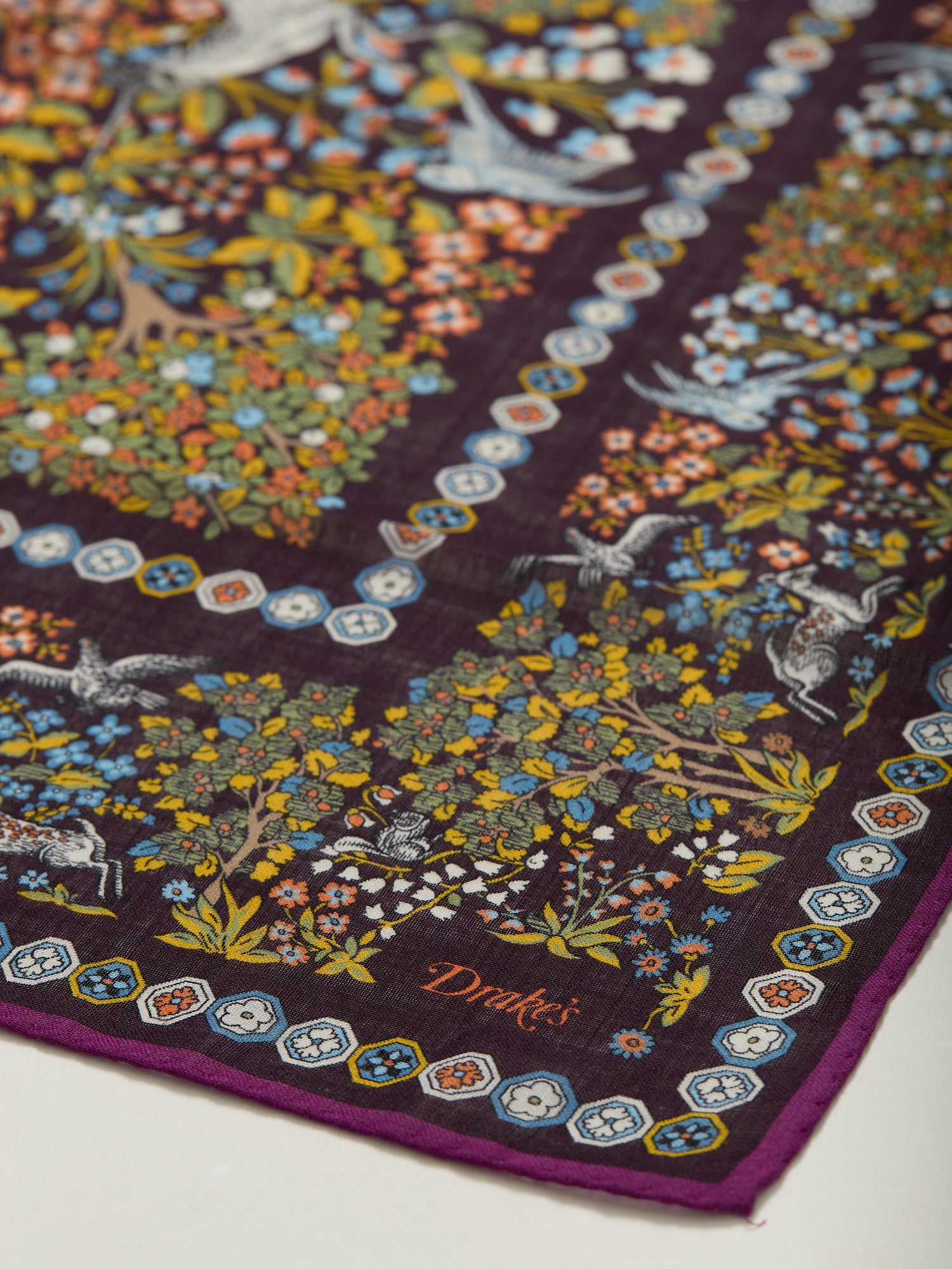 Mythical Forest Print Wool/Silk Bandana Aubergine