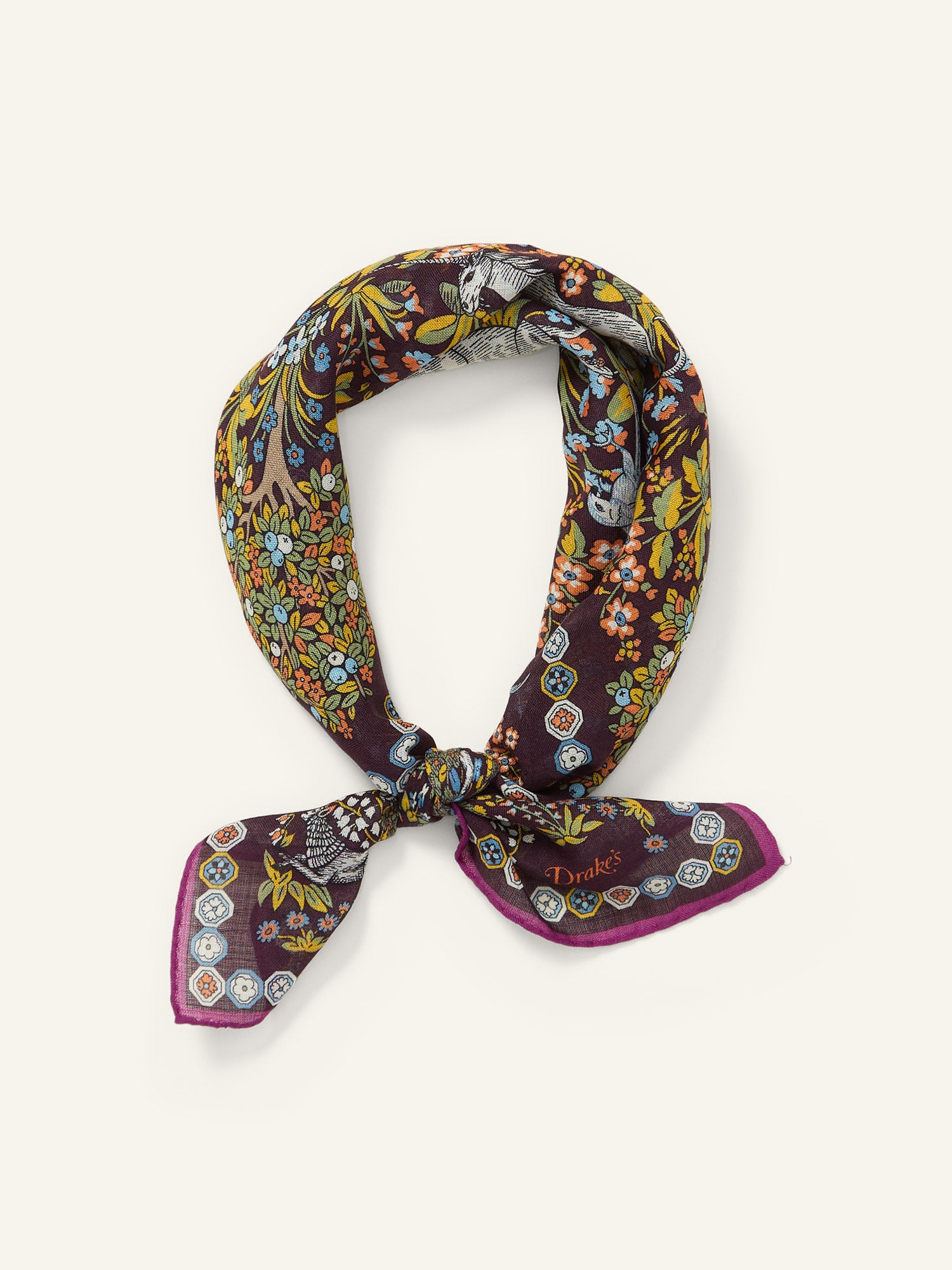 Mythical Forest Print Wool/Silk Bandana Aubergine