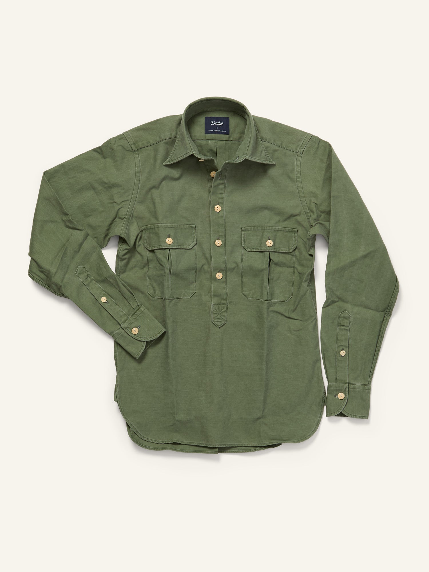 Drake's Satin Work Shirt Military Green