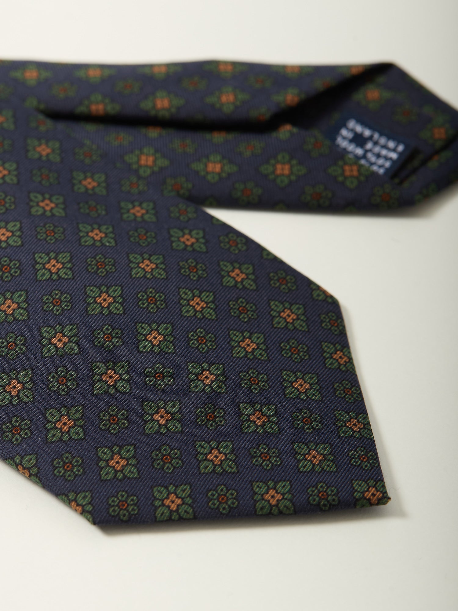 Square Flowers Print Wool/Silk Tie Navy