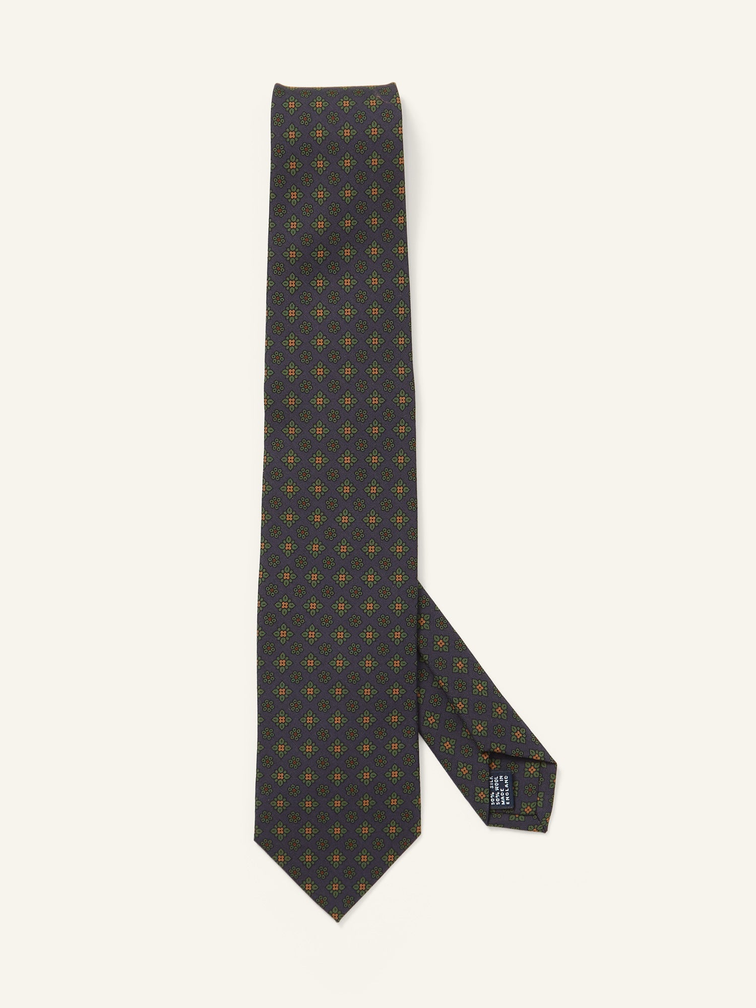 Square Flowers Print Wool/Silk Tie Navy