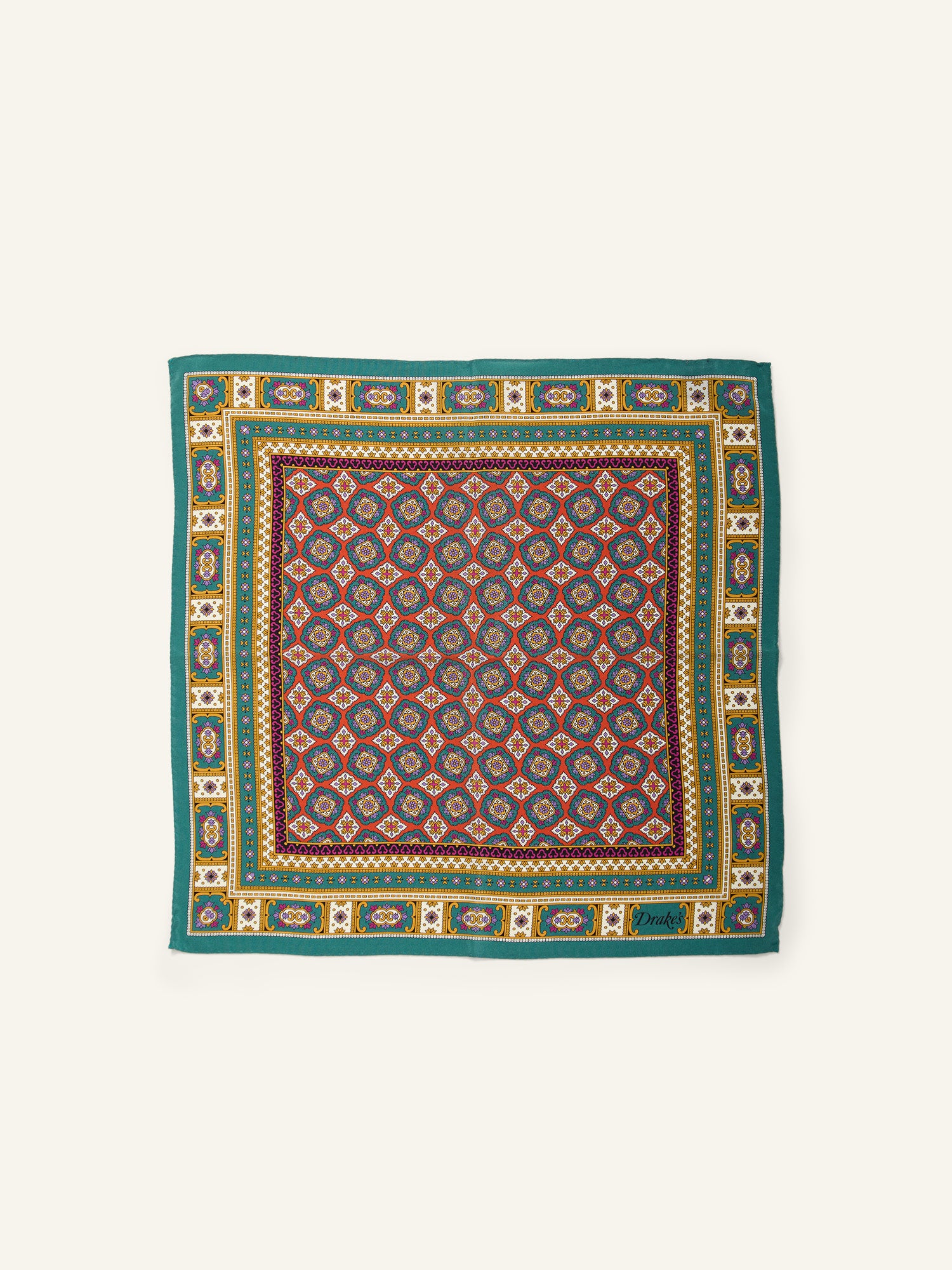 Floral Medallion Pocket Square Green, Red & Gold