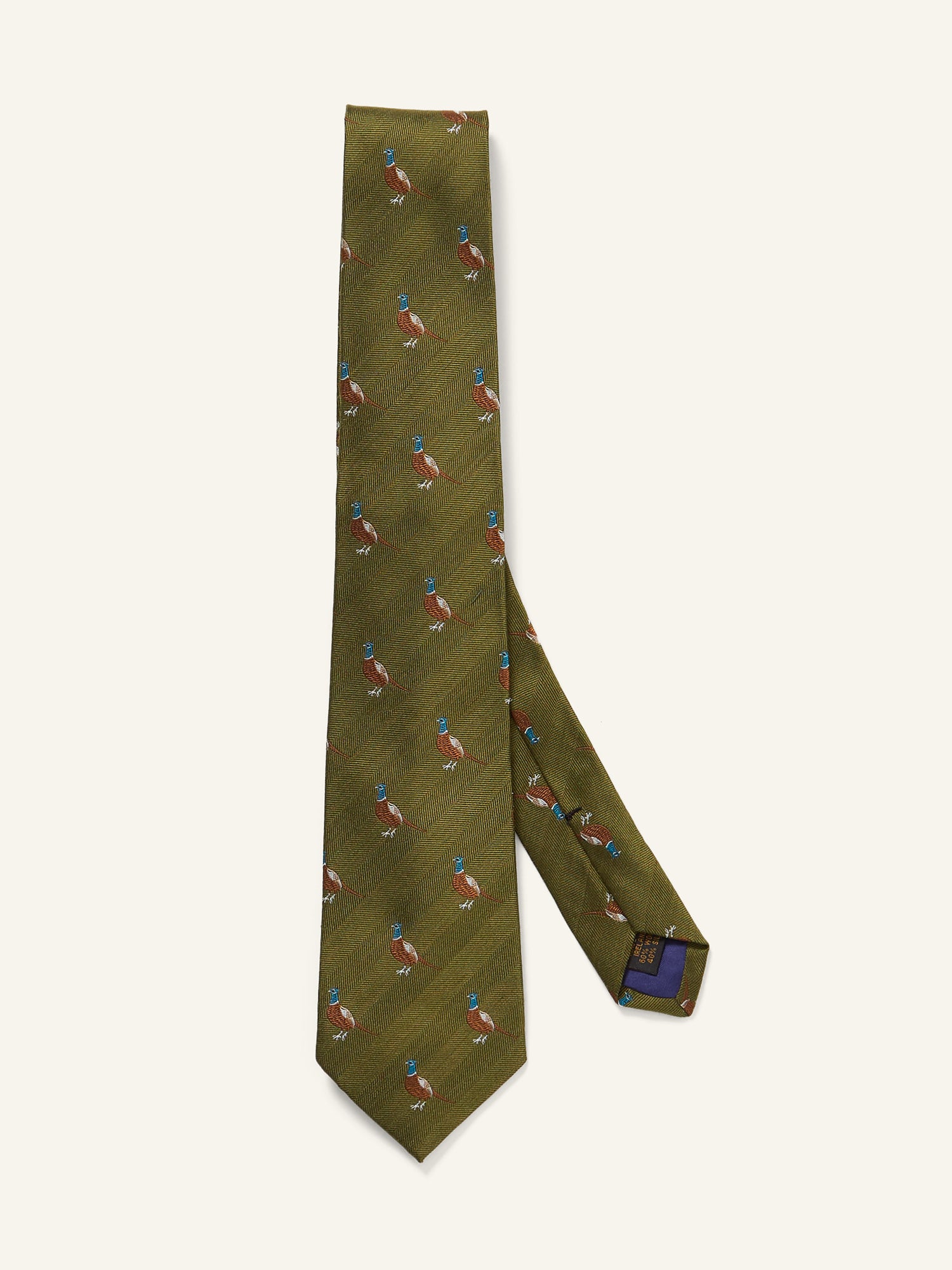 Pheasant Motif Wool/Silk Tie Olive