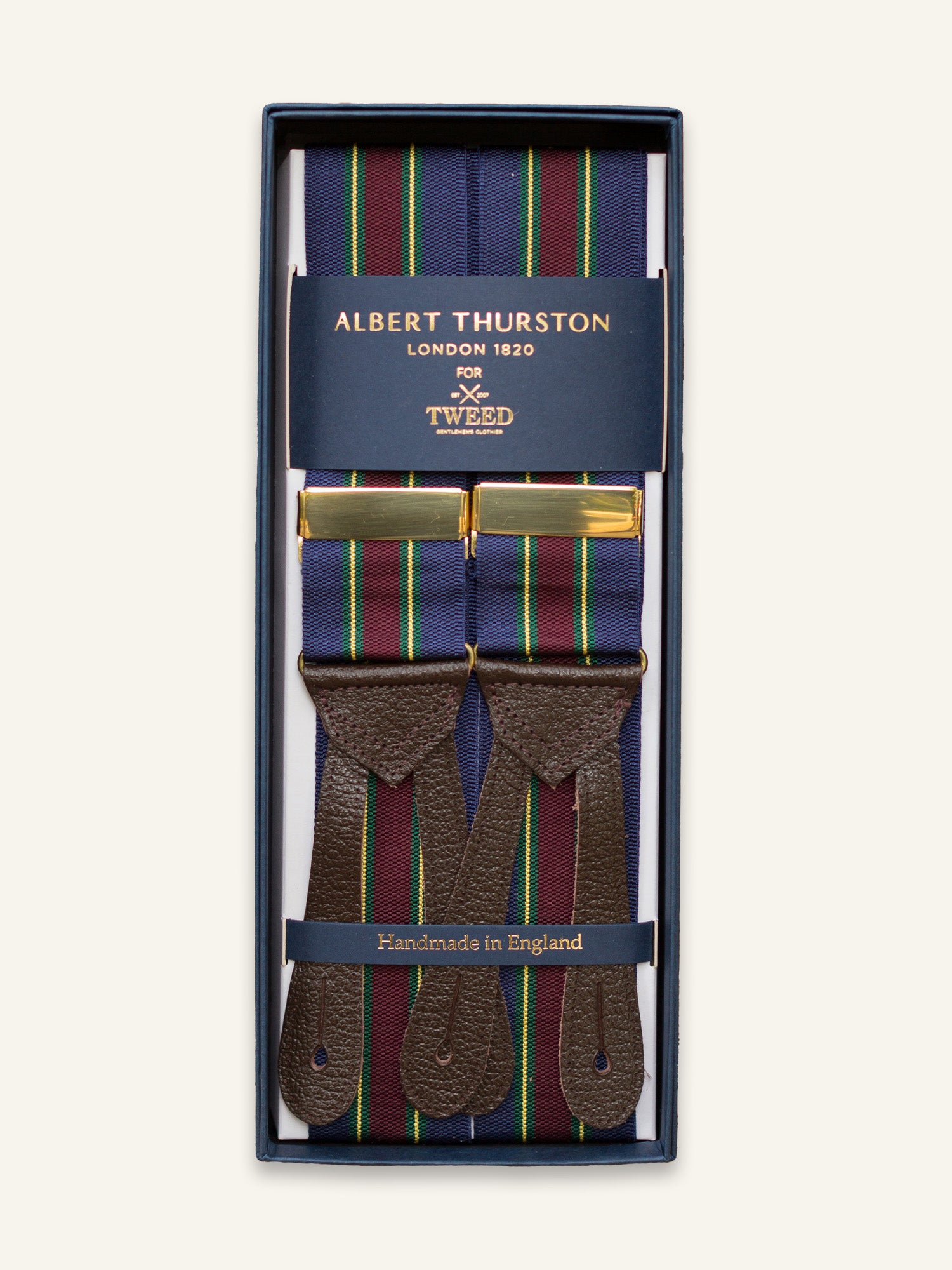 Albert Thurston Stripe Barathea Braces Navy/Wine/Green/Yellow