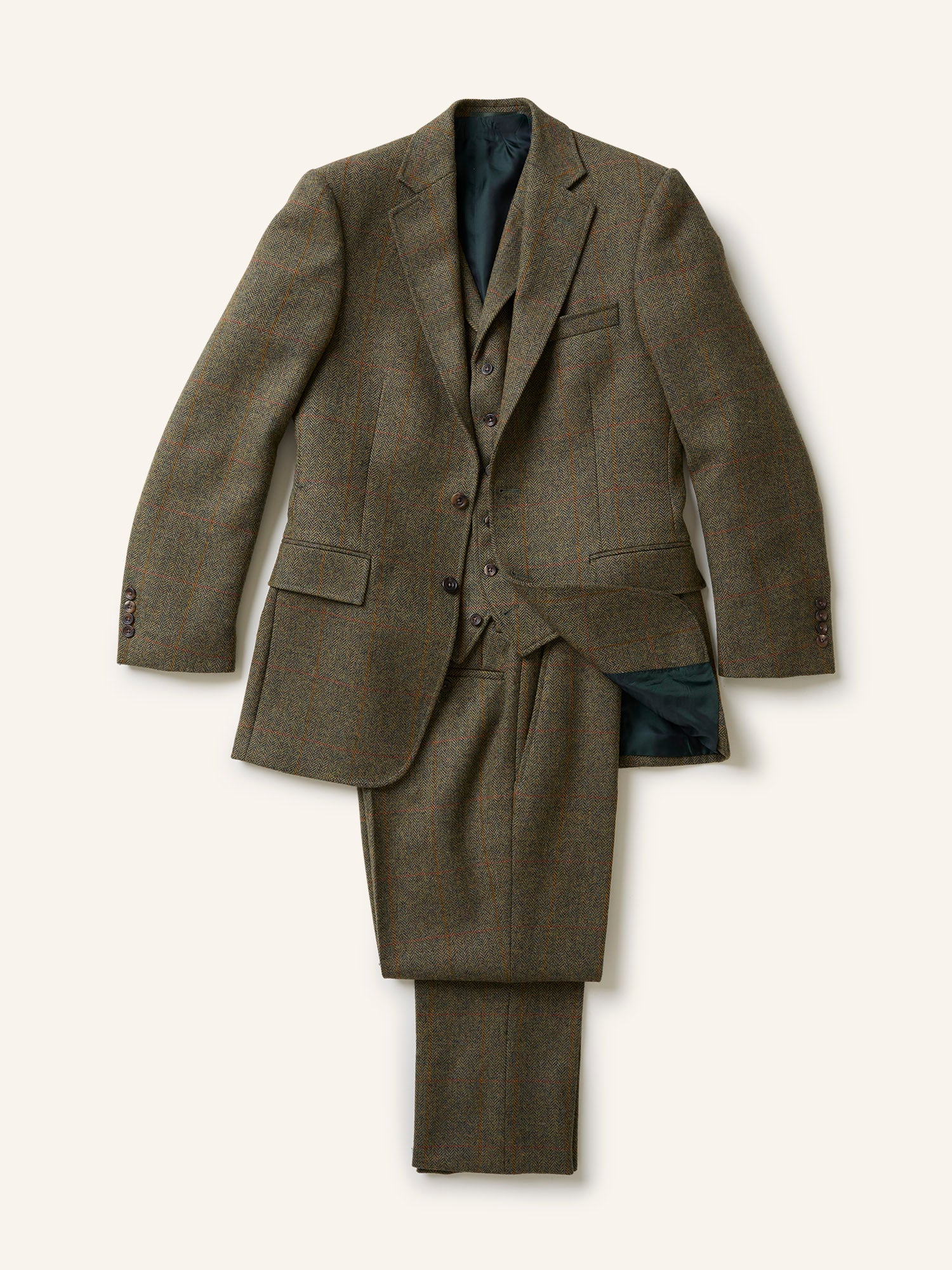 3-Piece Tweed Suit Green HB Windowpane