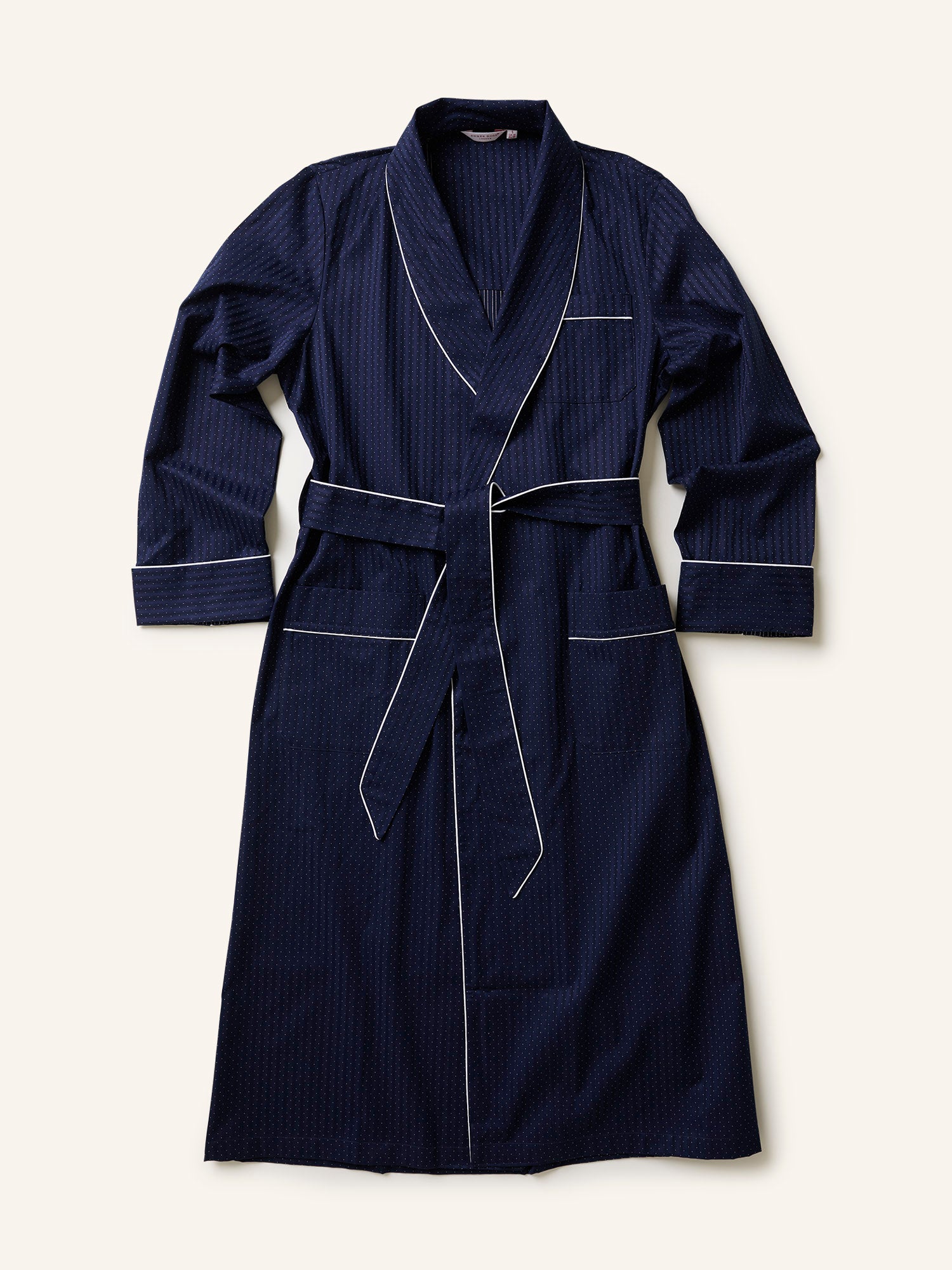 Cotton Dressing Gown Striped Pin Dot Satin Navy