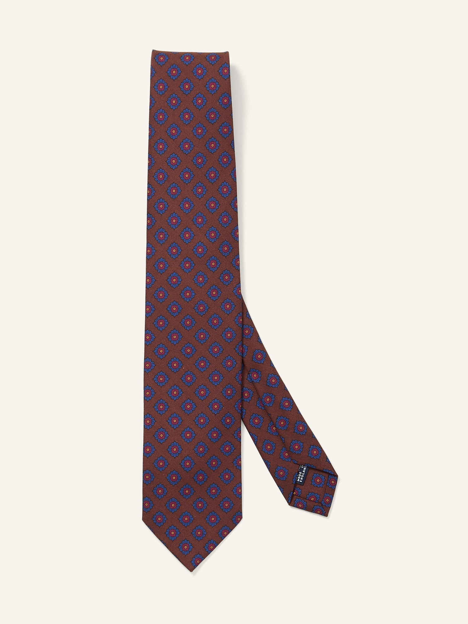 Square Flower Medallion Print Silk Tie Brown