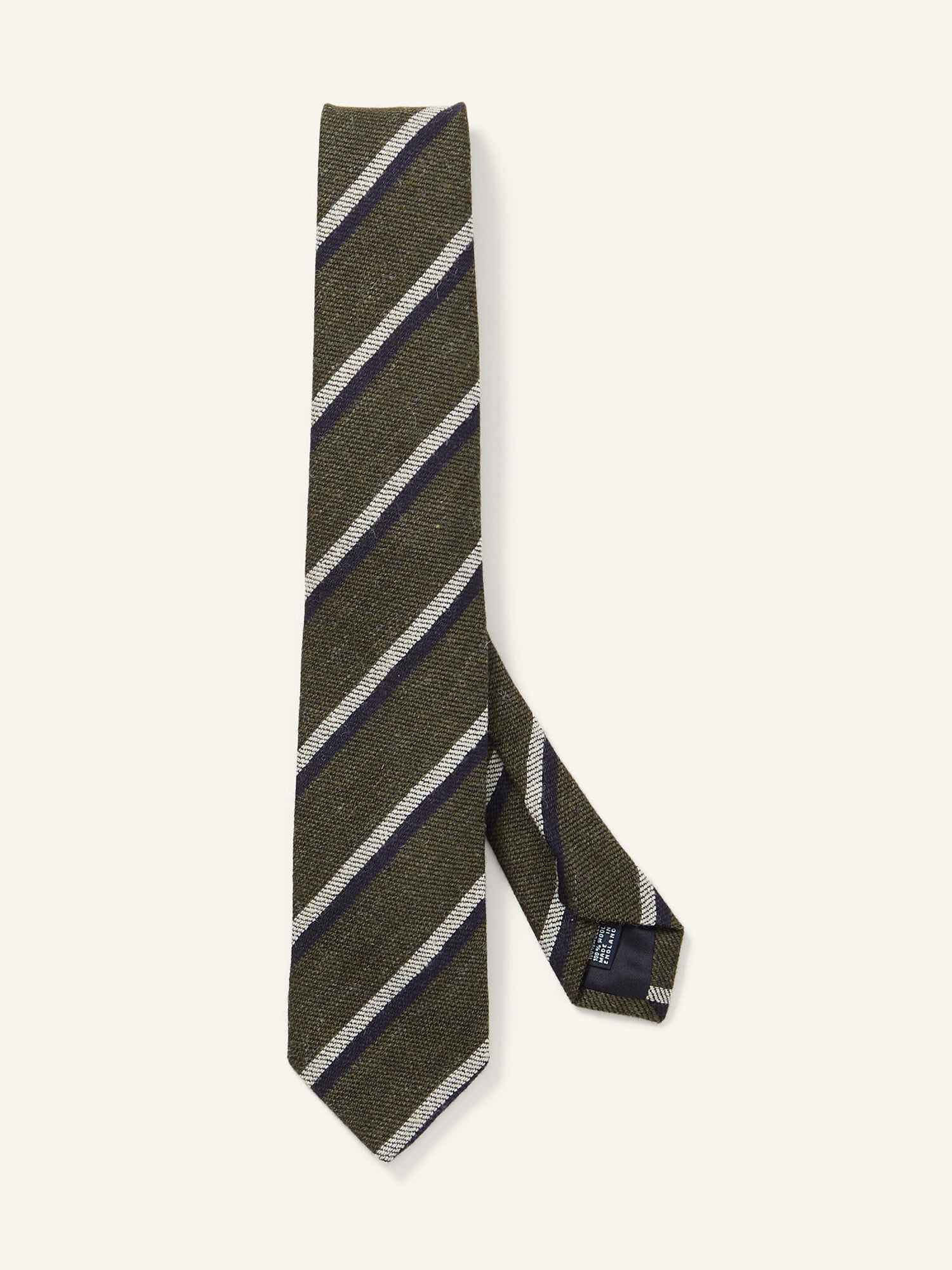 Stripe Shetland Wool Tie Khaki, White & Navy