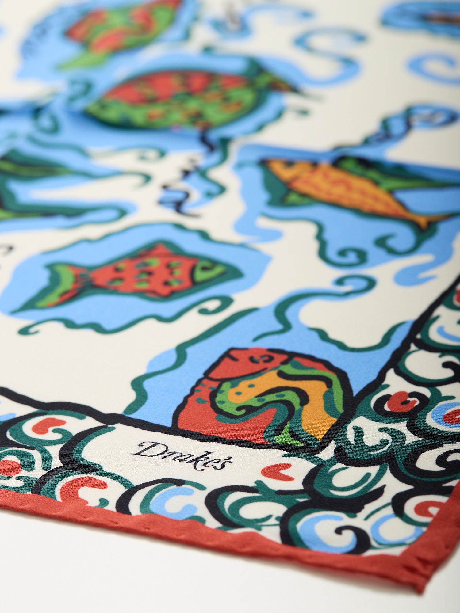 Fish Print Pocket Square Ecru