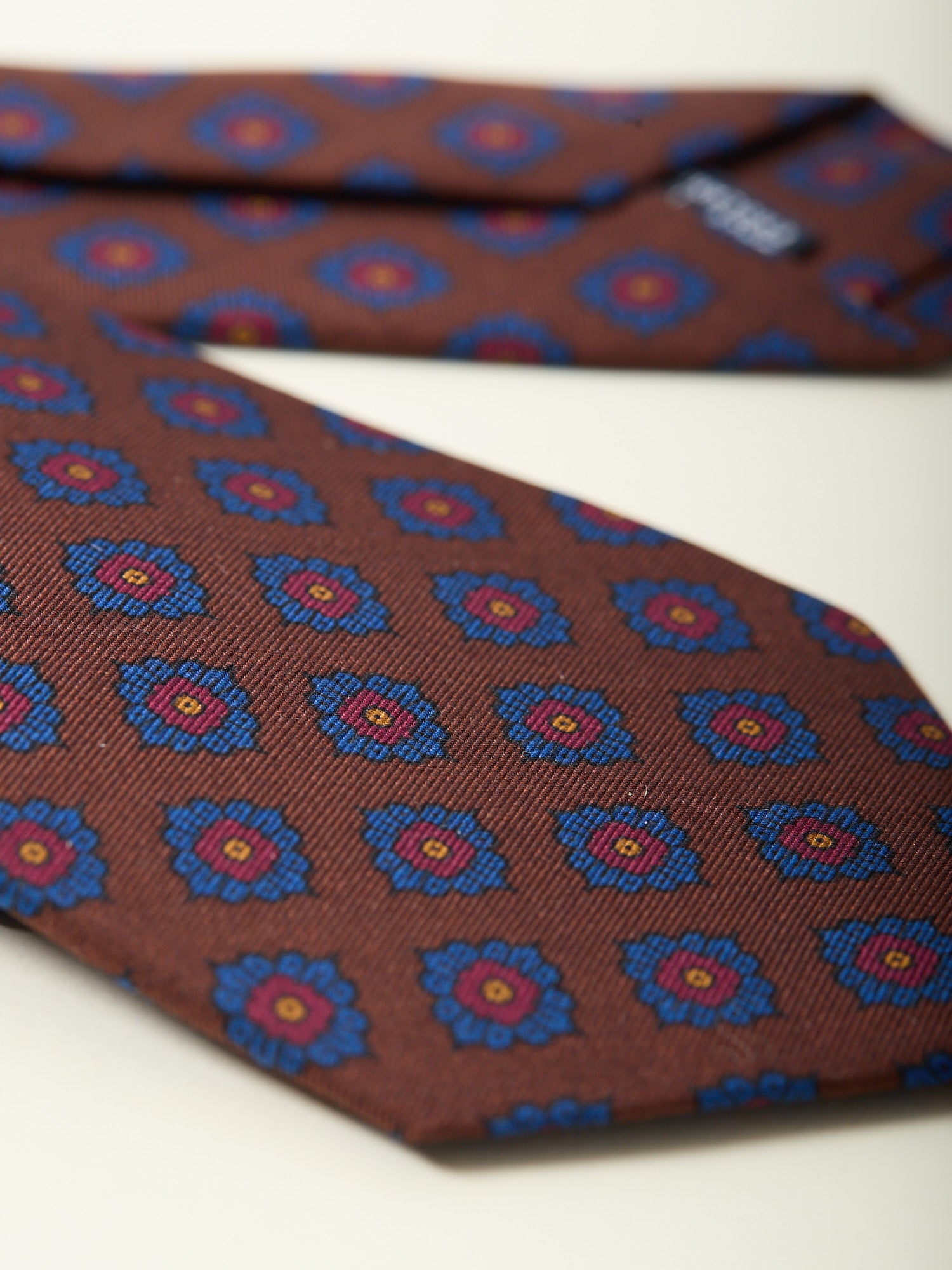 Square Flower Medallion Print Silk Tie Brown