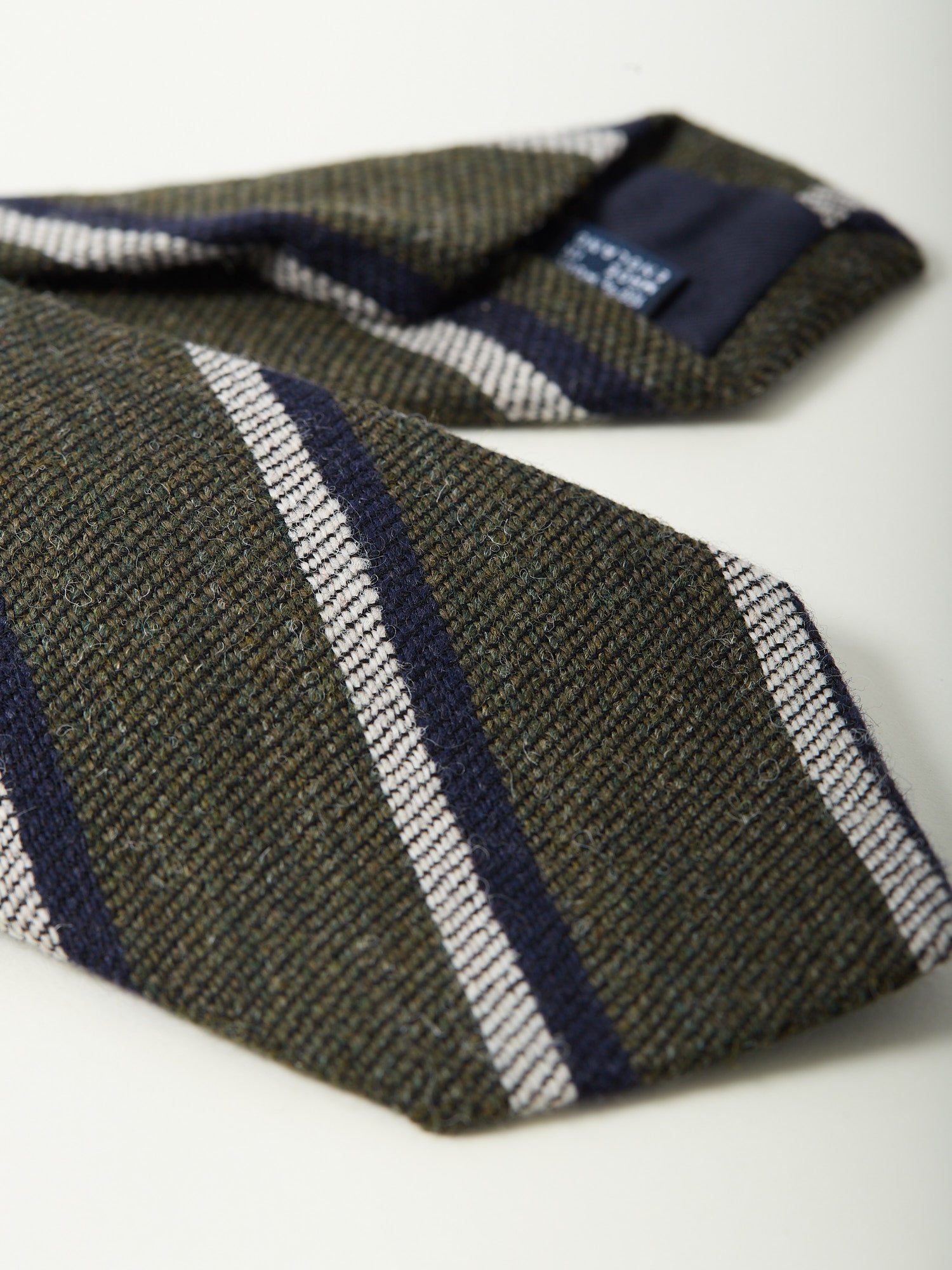 Stripe Shetland Wool Tie Khaki, White & Navy