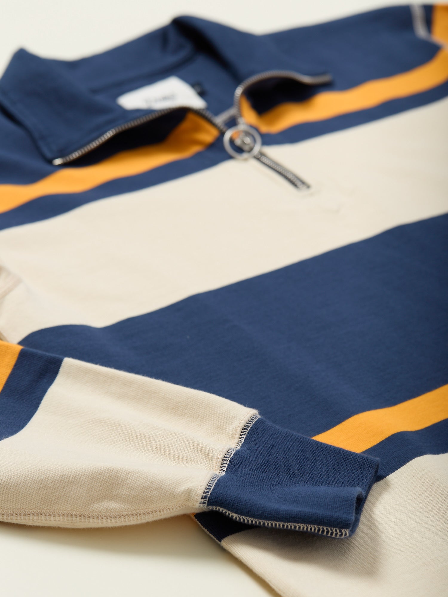 Drake's Stripe Quarter Zip Rugby Shirt Ecru Navy & Yellow Drake's Stripe Quarter Zip Rugby Shirt Ecru Navy & Yellow