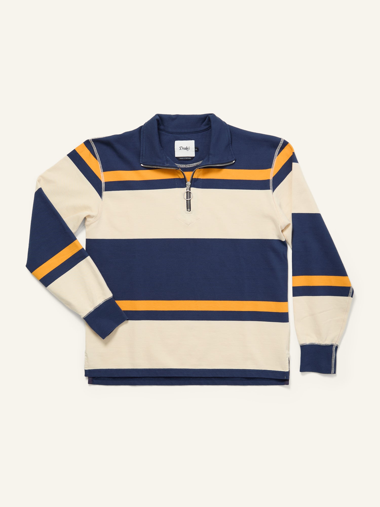 Stripe Quarter Zip Rugby Shirt Ecru Navy & Yellow