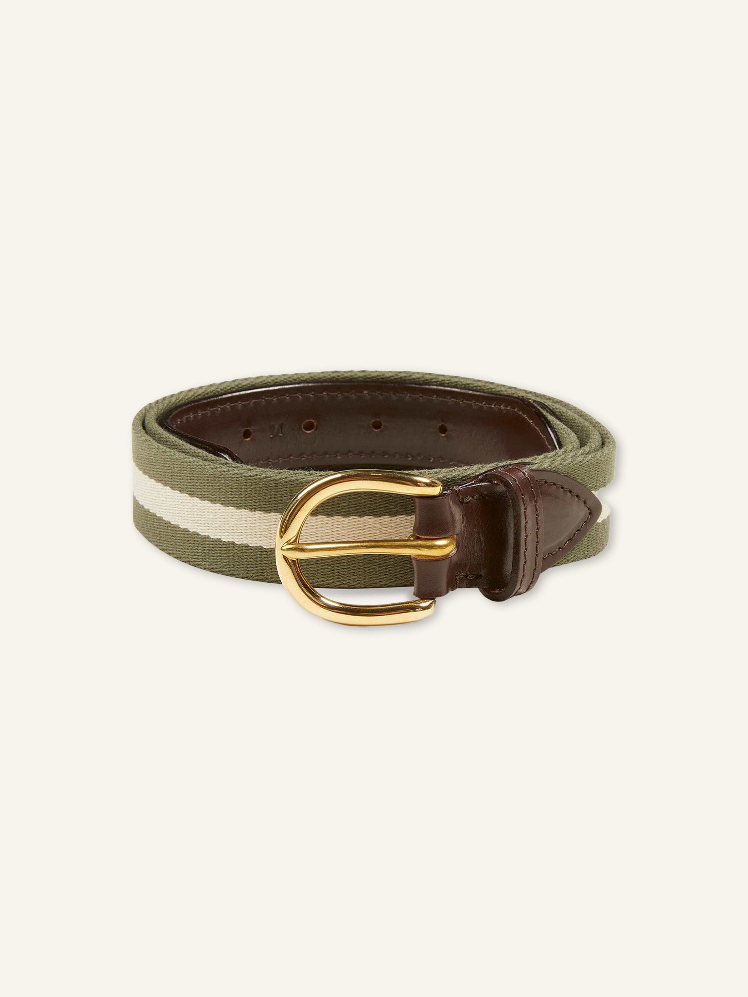 Striped Webbing And Leather Belt Moss/Taupe