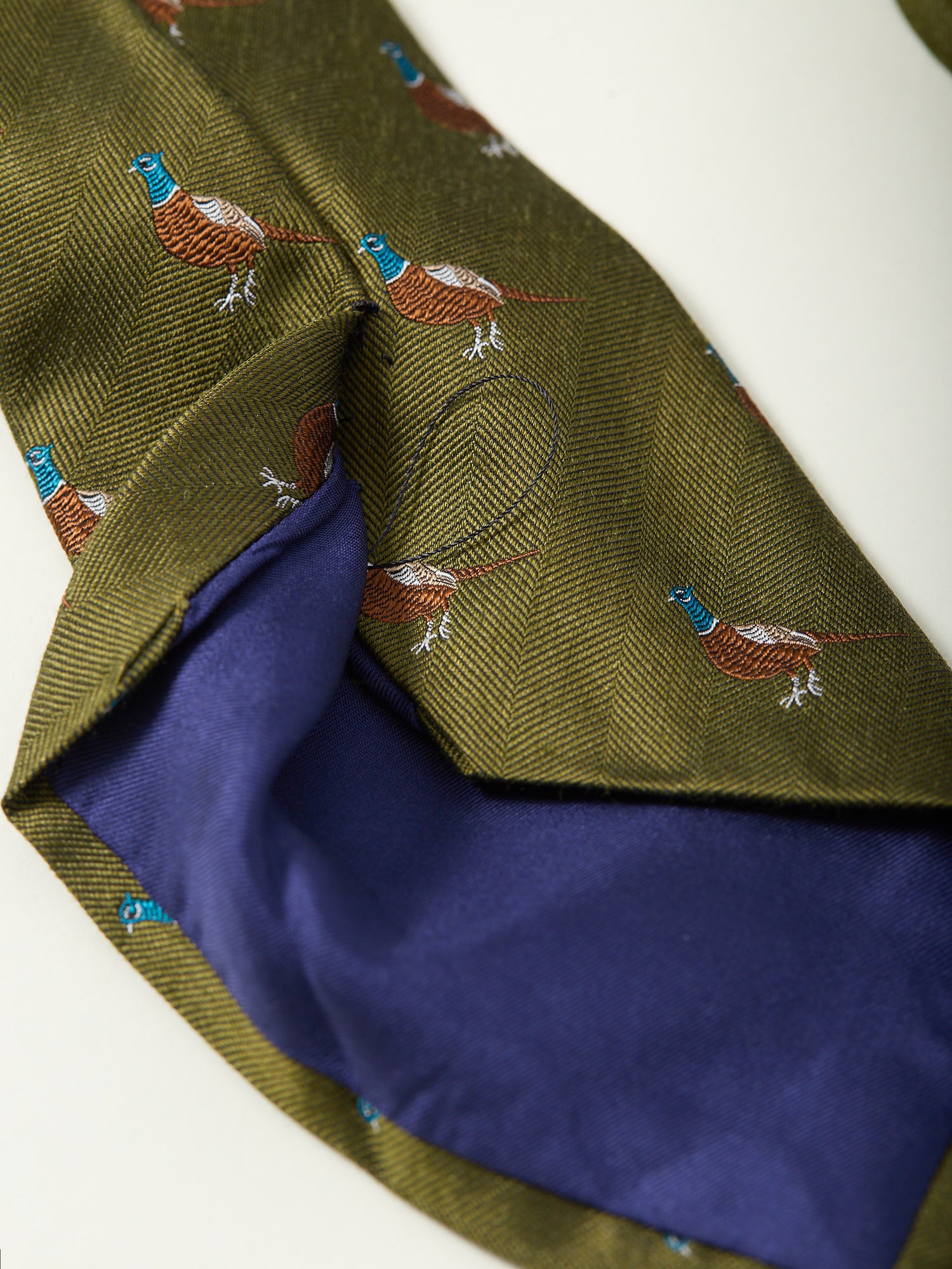 Pheasant Motif Wool/Silk Tie Olive