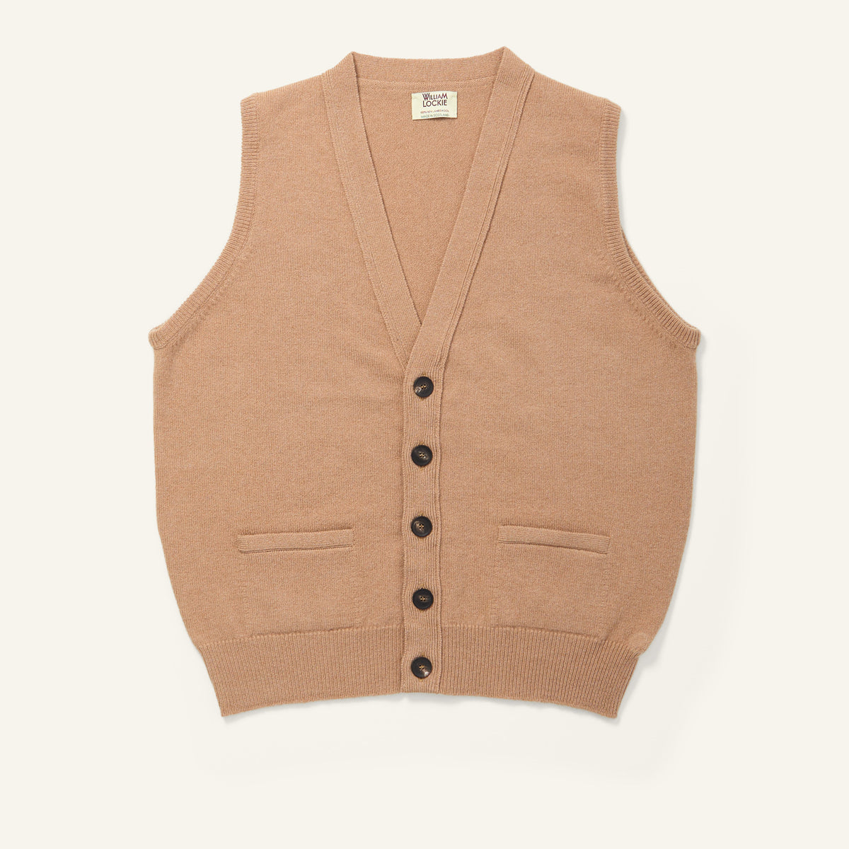 William Lockie Lambswool Sleeveless Cardigan Camel
