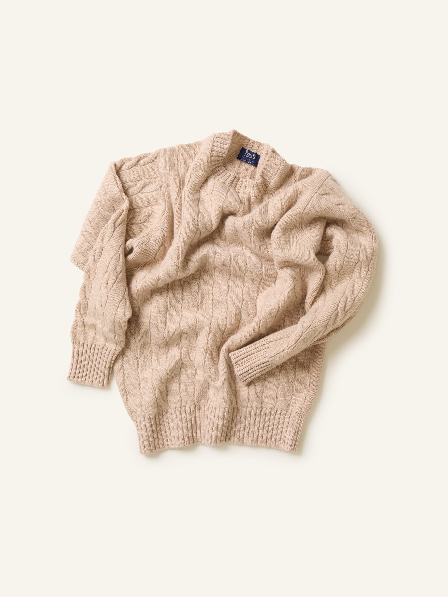 Cashmere 4-ply Crew Cable Jumper Linen